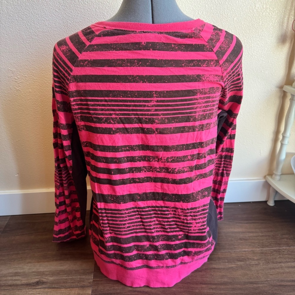 Roxy Pink Brown Striped Long Sleeve Y2K Skater Surf Girl Graphic Tee Casual Top - Picture 6 of 11